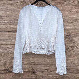 Zara White Lace Trim Crop Blouse Semi Sheer Boho Top Long Sleeve Lightweight XL